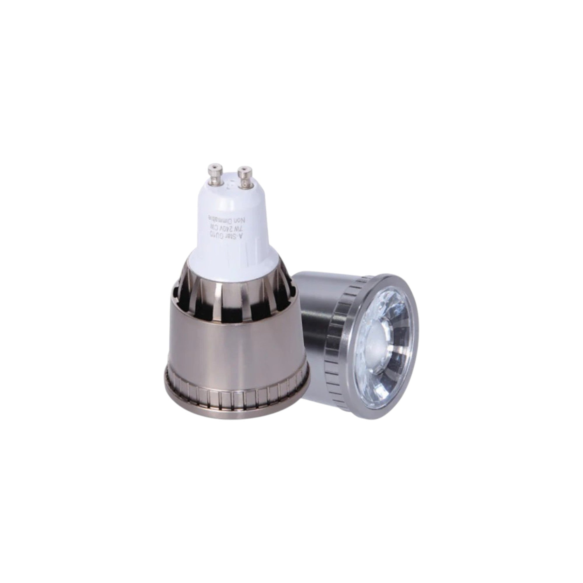 Two LED light bulbs with metallic bases on a white background