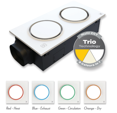 Ventilation system with LED indicators and 'Trio Technology' label on a white background