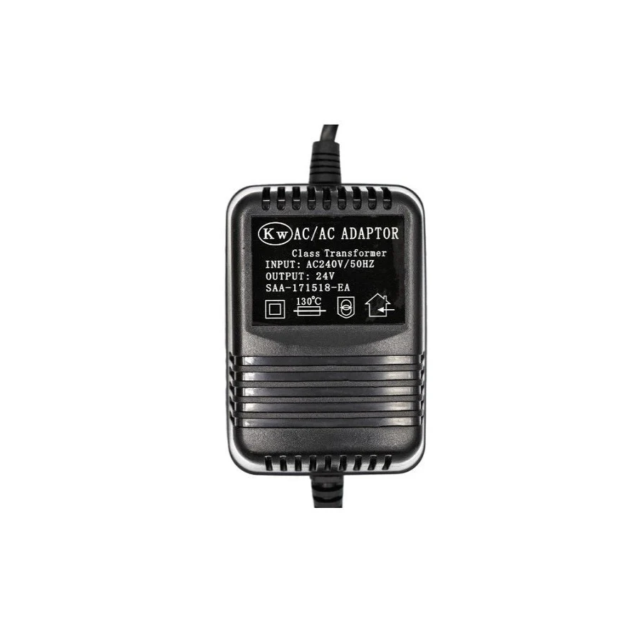 A black aircon air conditioning transformer with 24V zone damper. It has a label, cable, and is designed for converting AC power.