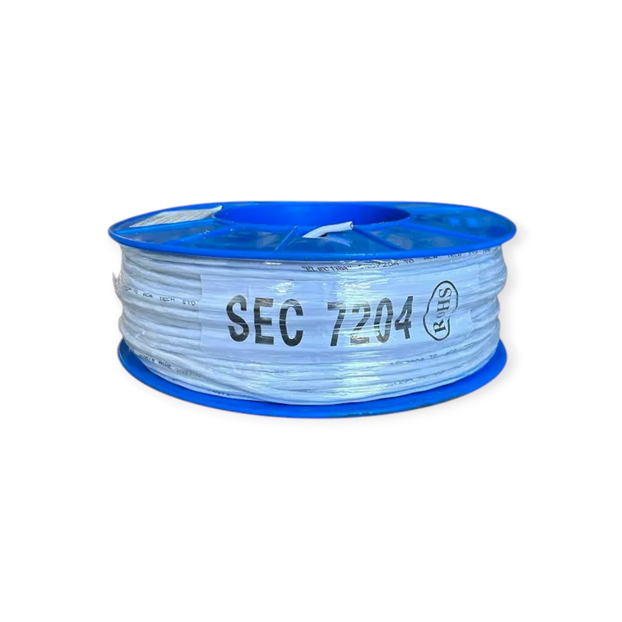 A spool of blue colored electric security cable labeled SEC 7204.