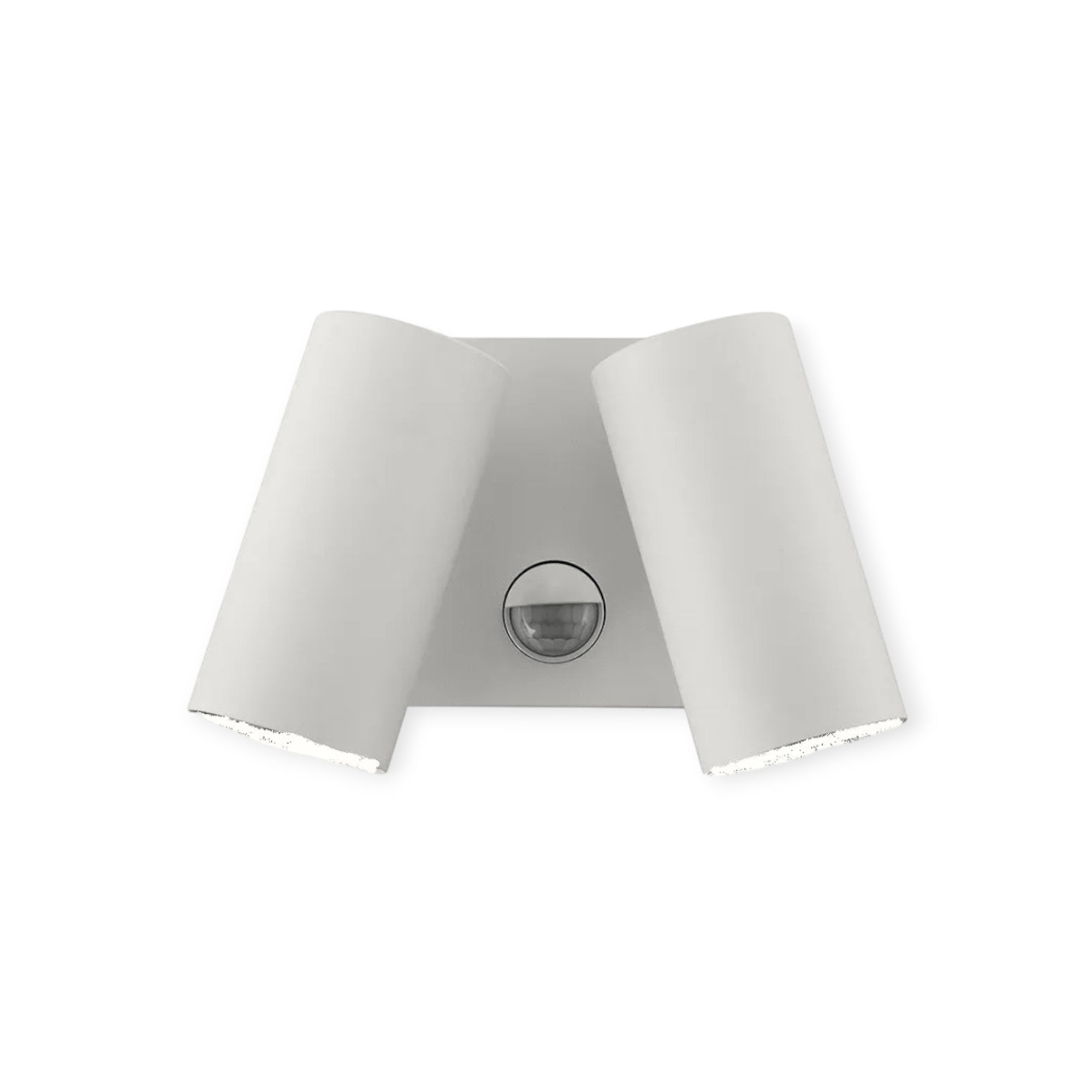 White outdoor wall light fixture with motion sensor on a white background