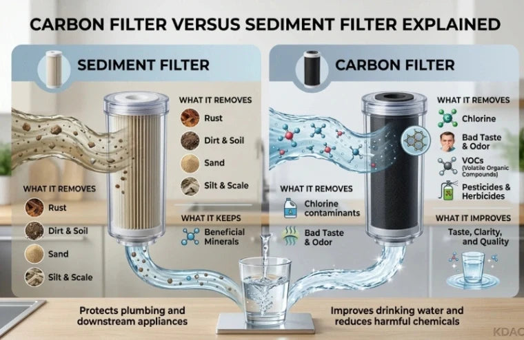 An infographic comparing sediment filter and carbon filter systems, with labeled diagrams of cylindrical filters, water flow, contaminants removed, and benefits for drinking water and appliances.