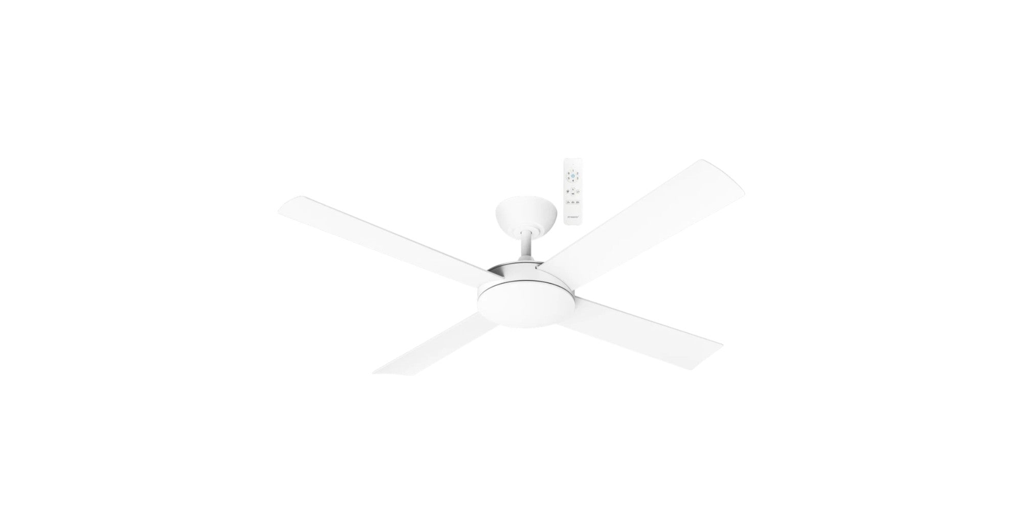 Ceiling fan with white blades on a white background
