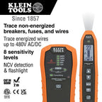 Klein Tools electrical tester with features listed on a white background