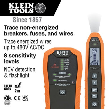 Klein Tools electrical tester with features listed on a white background