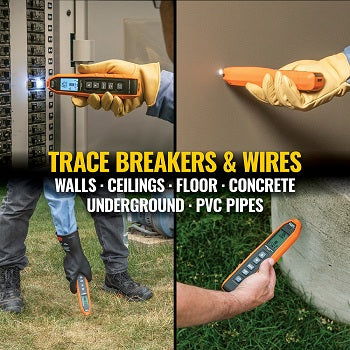 Person using a device to trace breakers and wires in various locations with text overlay.
