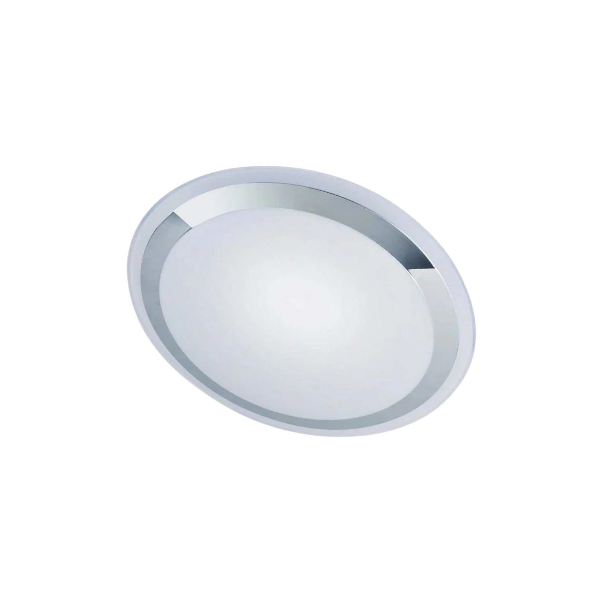Round ceiling light fixture with white glass cover and silver metal frame on a white background