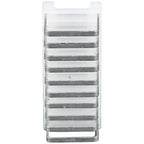 Set of metal brackets in a clear plastic packaging on a white background
