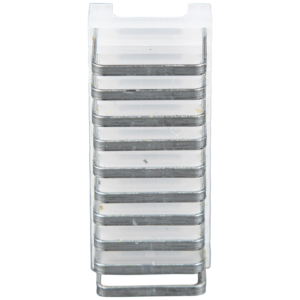 Set of metal brackets in a clear plastic packaging on a white background