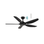Black ceiling fan with remote control on a white background