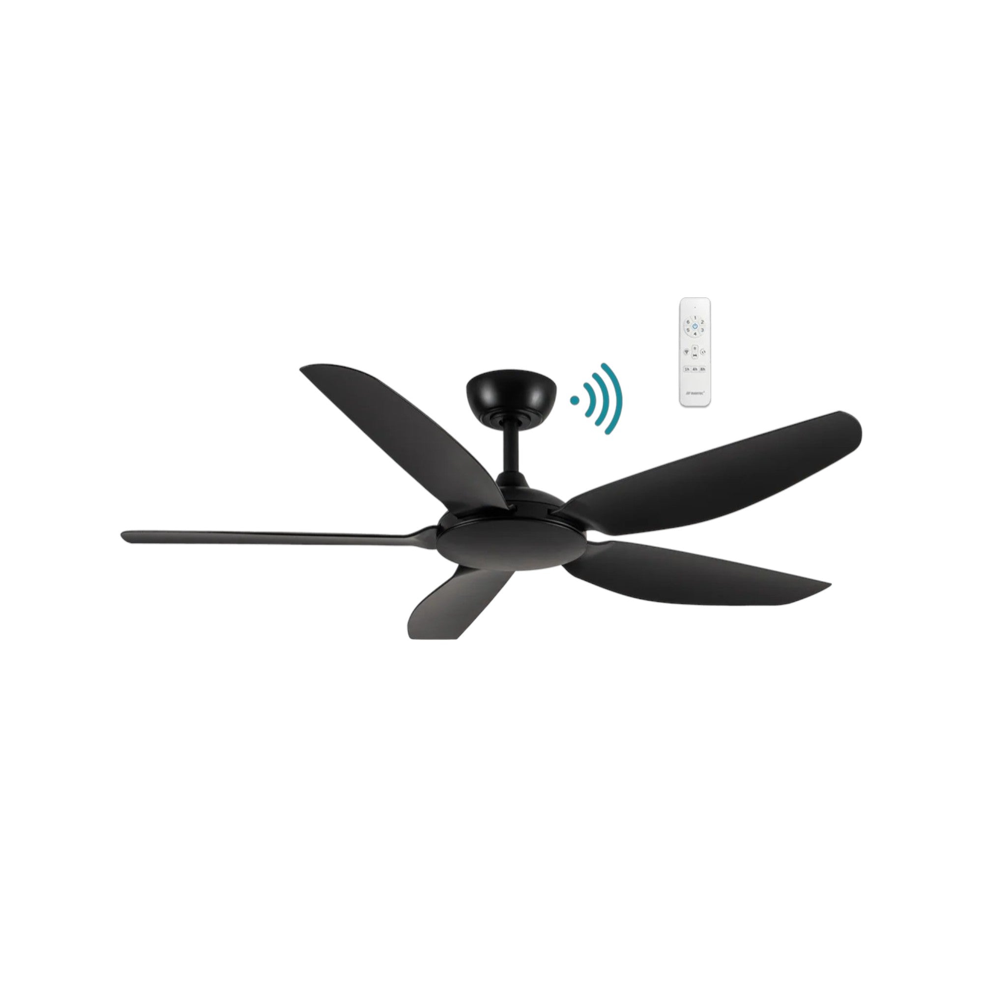 Black ceiling fan with remote control on a white background