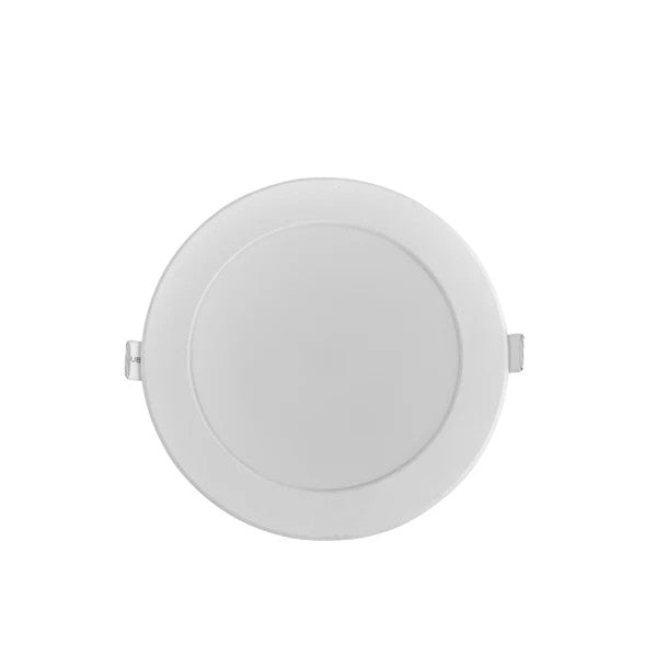 Round white LED downlight on a white background