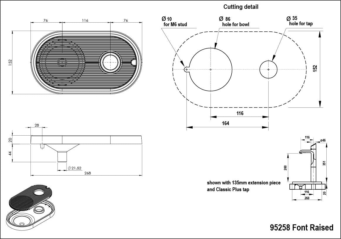 Technical drawing of a kitchen sink with dimensions and details