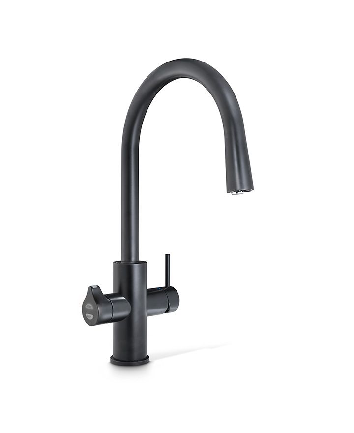 Black kitchen faucet on a white background