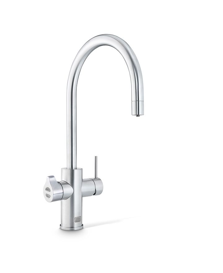 Chrome kitchen faucet on a white background