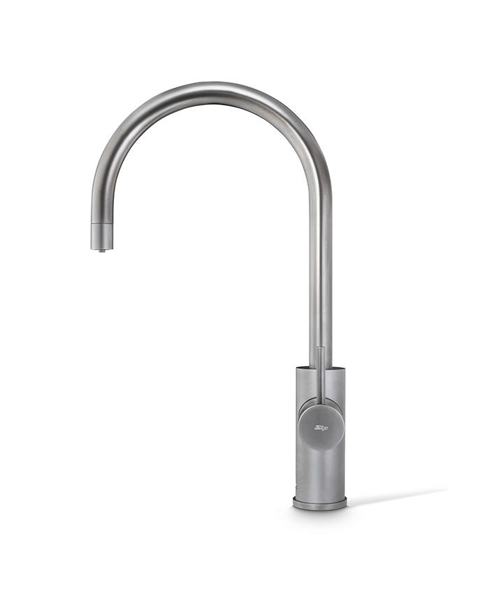 Stainless steel kitchen faucet on a white background