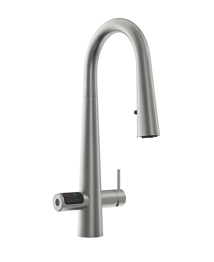 Stainless steel kitchen faucet on a white background