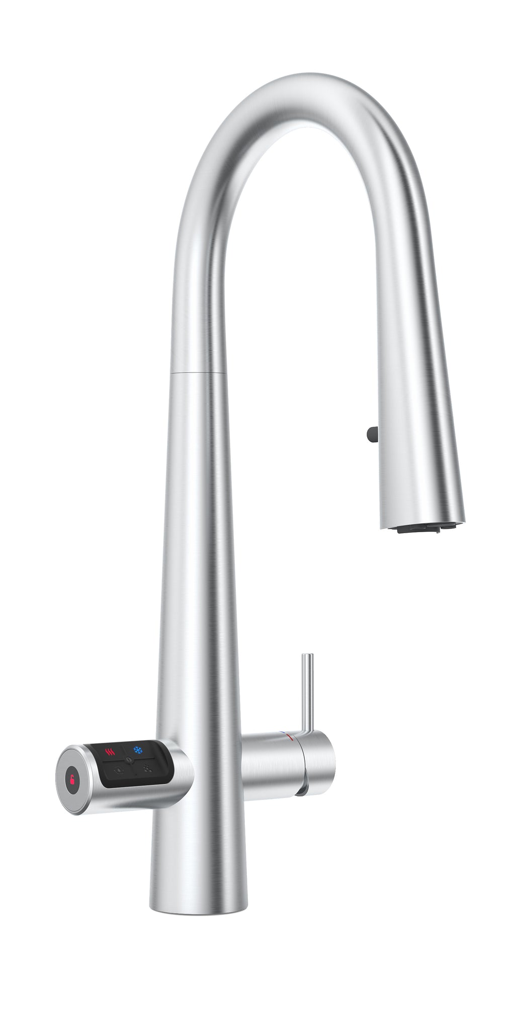 Modern kitchen faucet with digital display on a white background