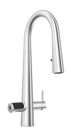 Modern kitchen faucet with digital display on a white background