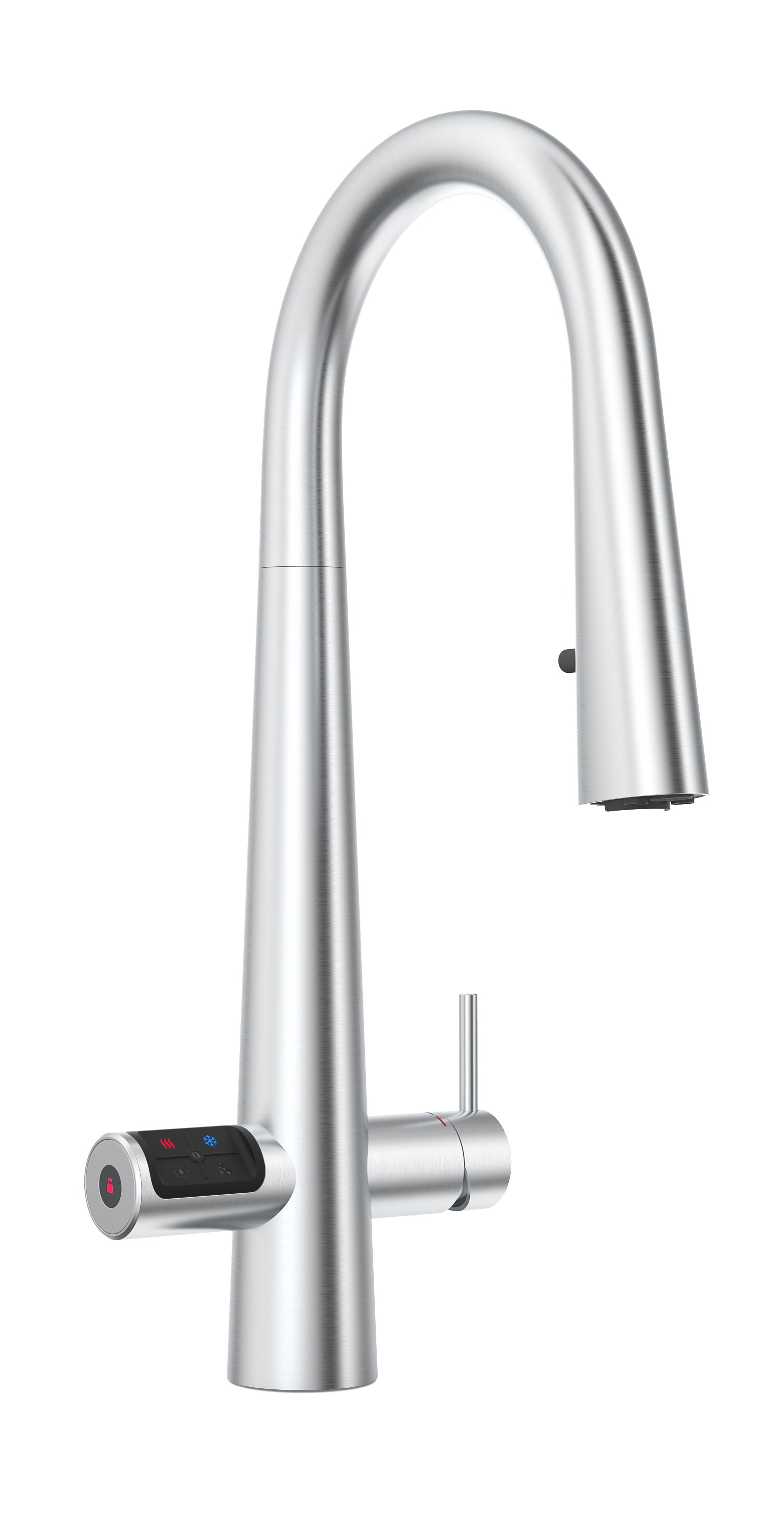 Modern kitchen faucet with digital display on a white background