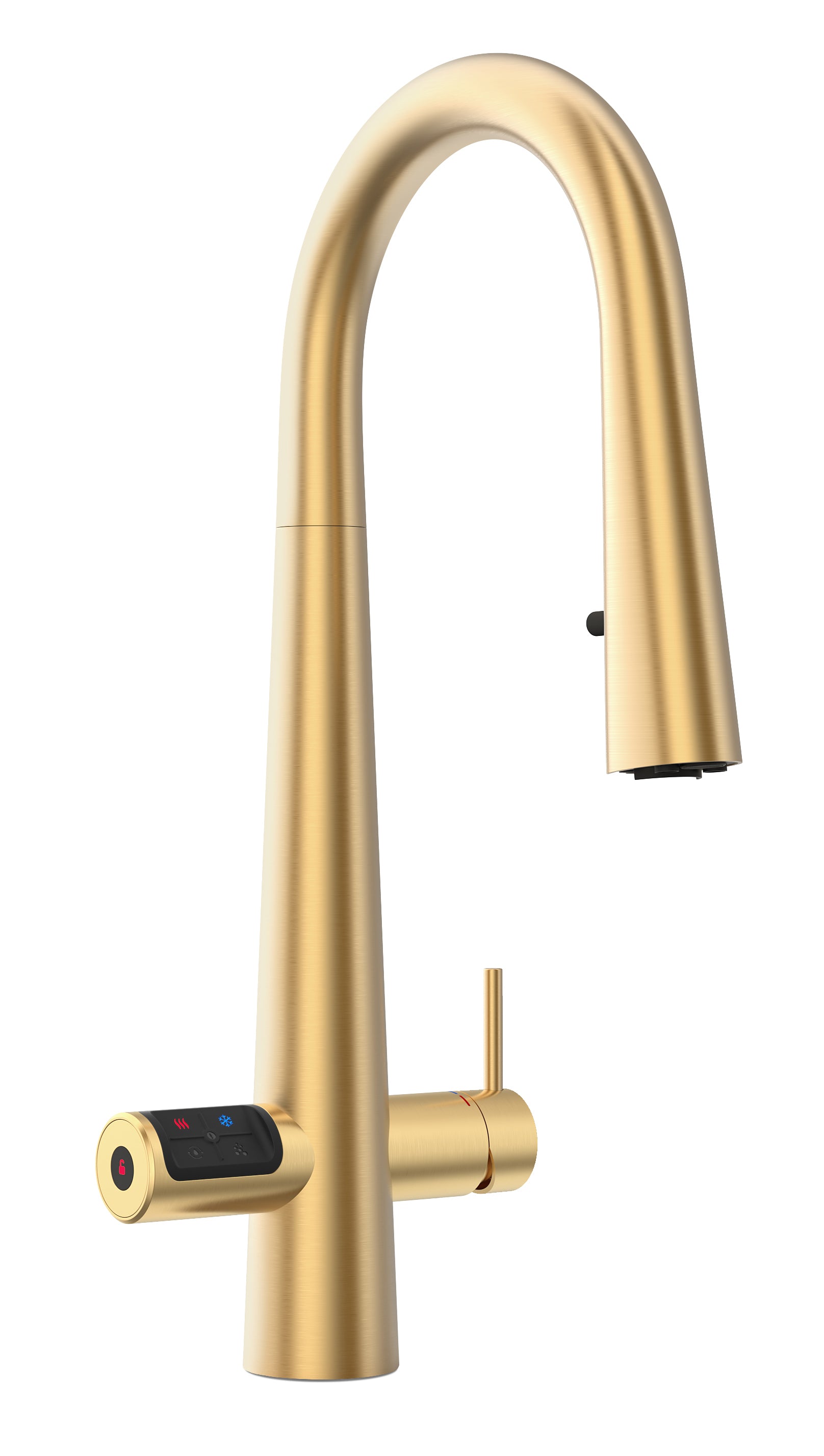 Gold kitchen faucet with digital display on a white background