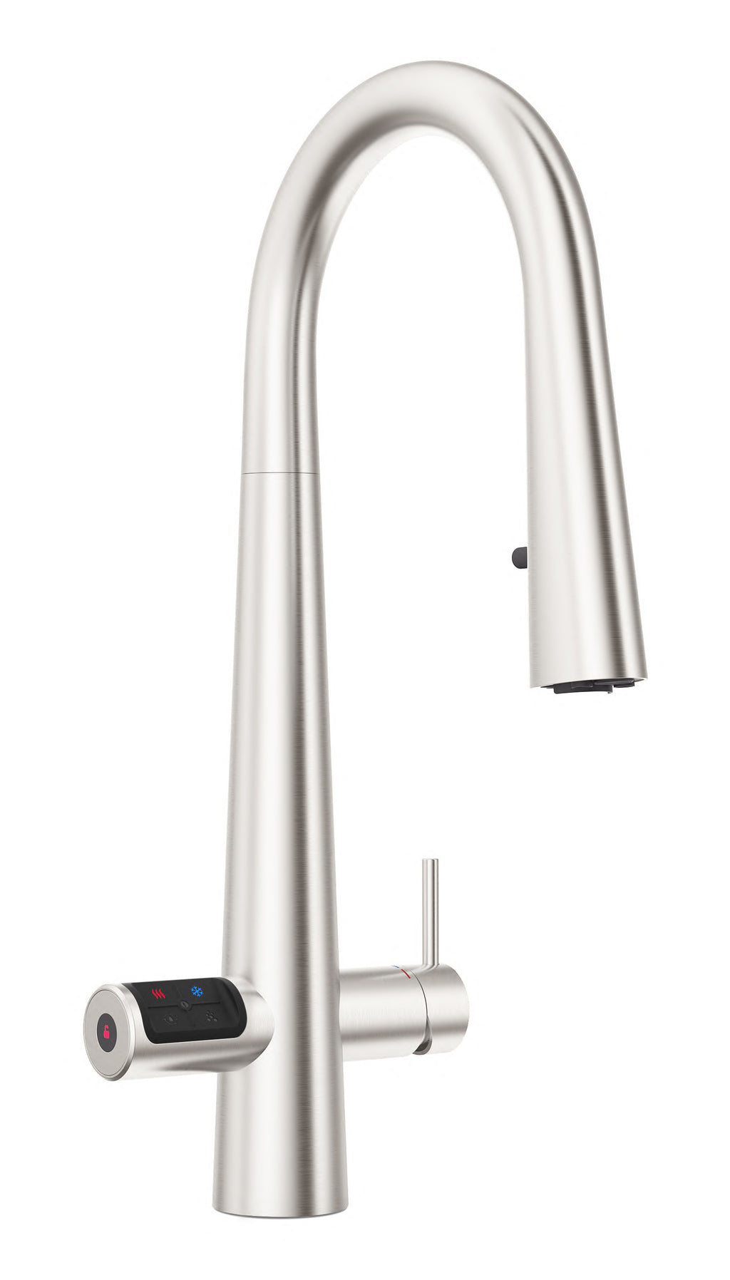 Stainless steel kitchen faucet with digital display on a white background