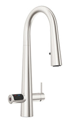 Stainless steel kitchen faucet with digital display on a white background
