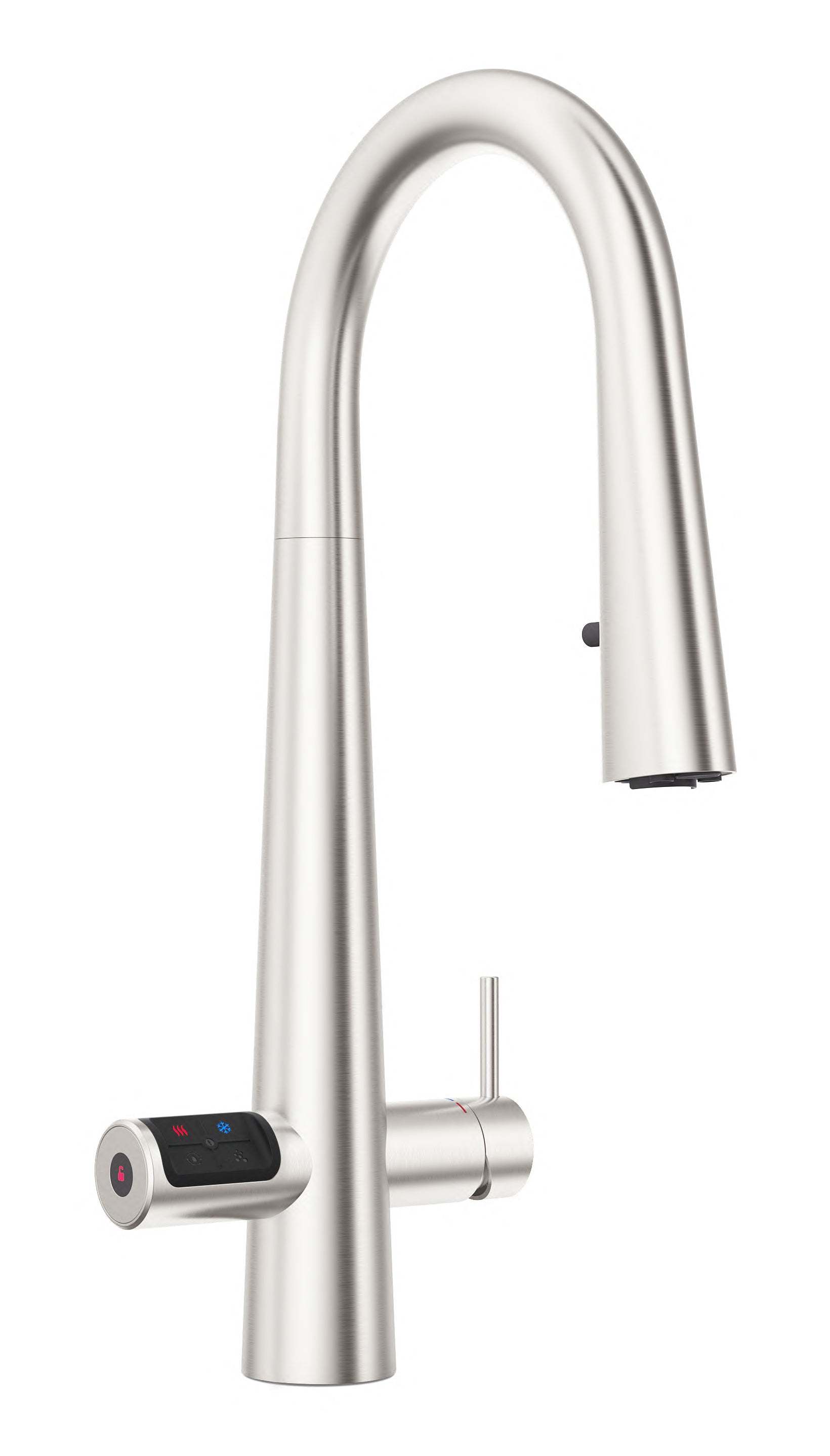 Stainless steel kitchen faucet with digital display on a white background