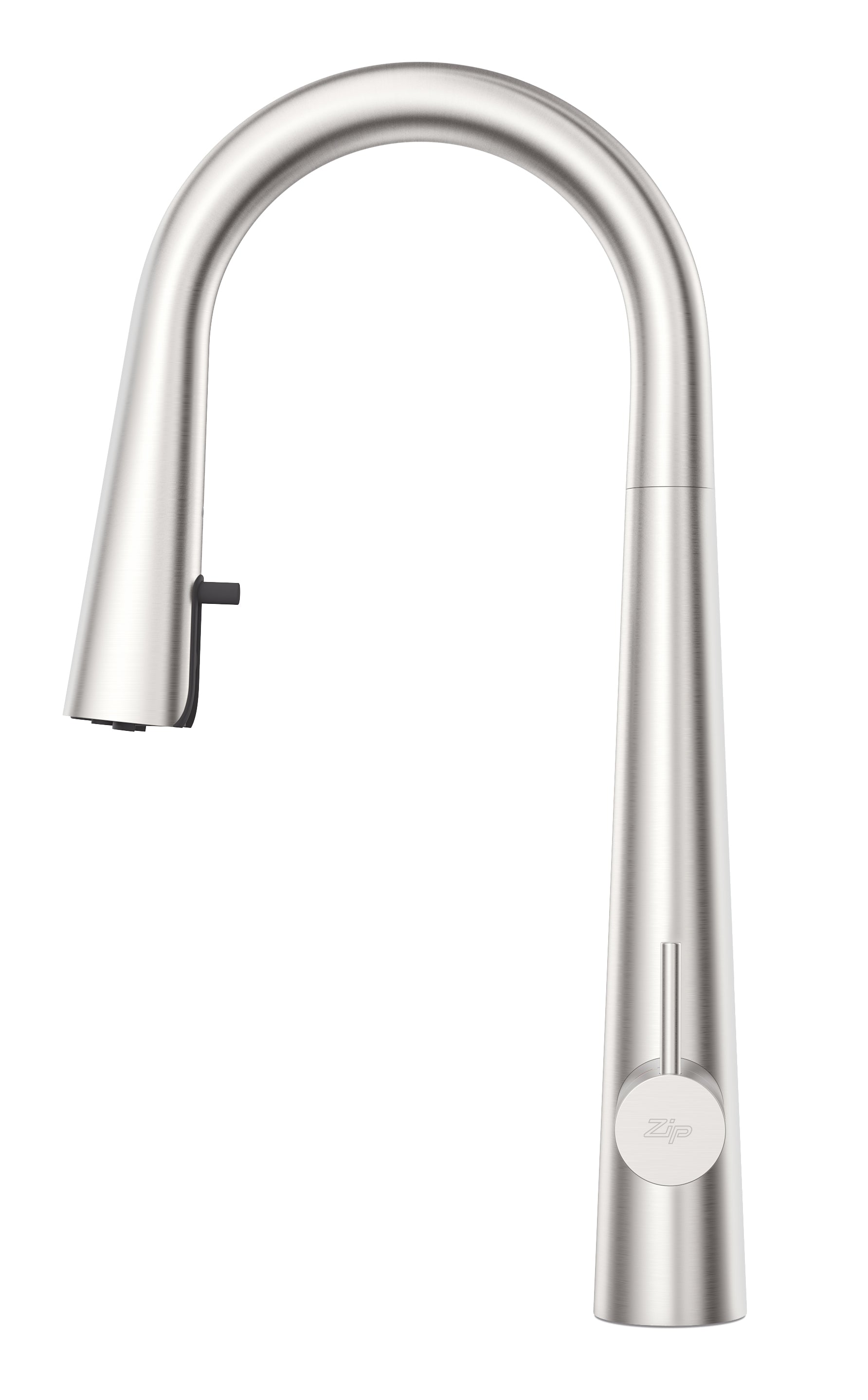 Stainless steel kitchen faucet on a white background