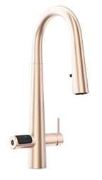 Rose gold kitchen faucet with digital display on a white background