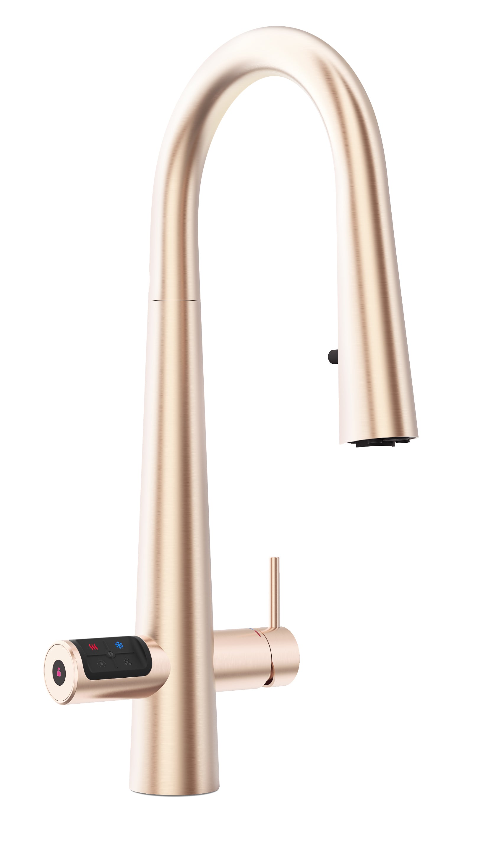 Rose gold kitchen faucet with digital display on a white background