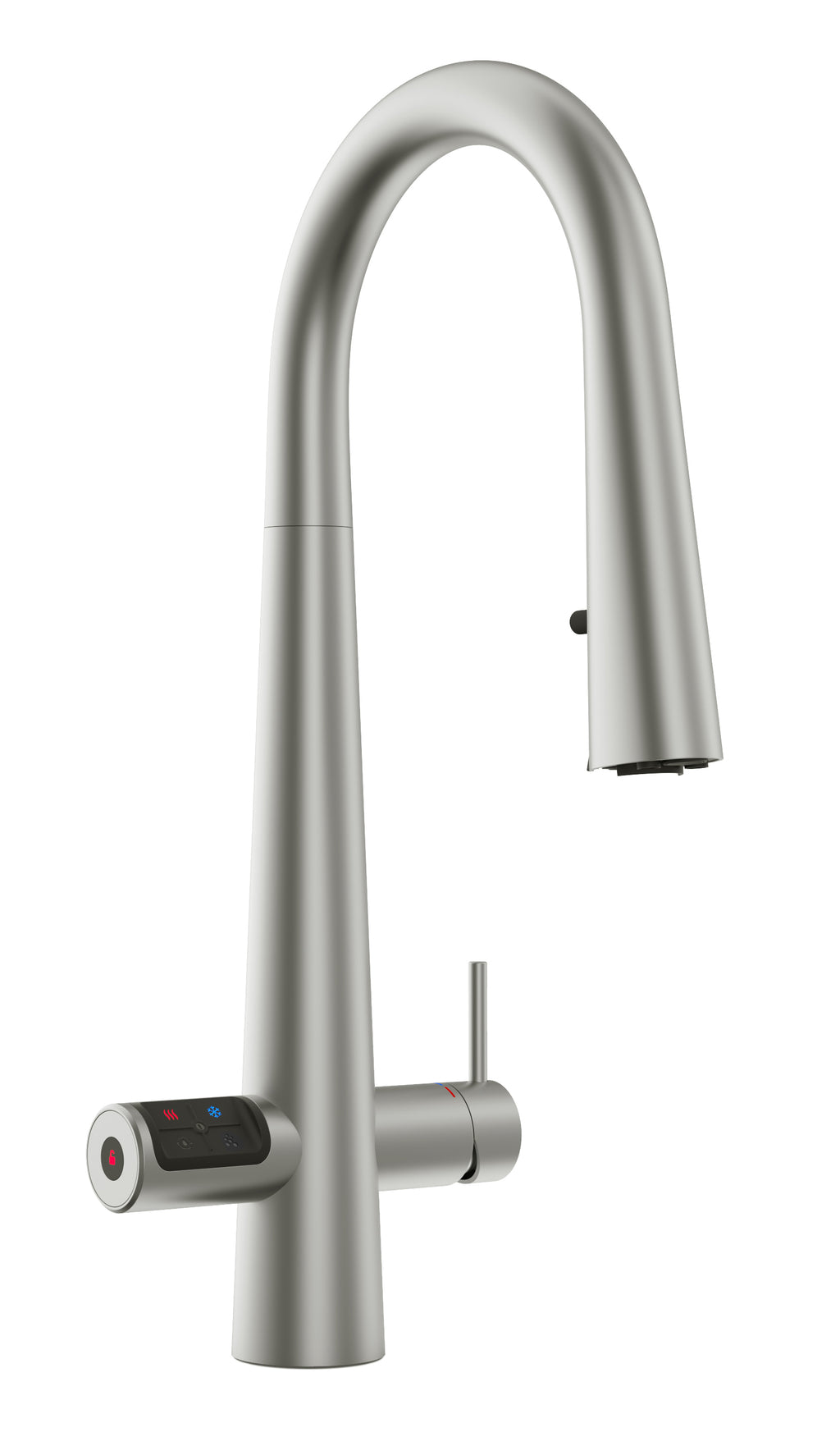 Stainless steel kitchen faucet with digital display on a white background