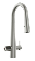 Stainless steel kitchen faucet with digital display on a white background