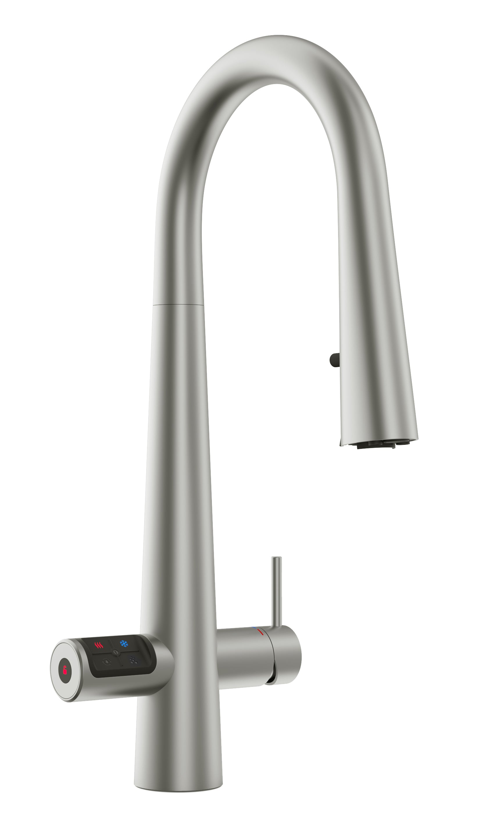Stainless steel kitchen faucet with digital display on a white background