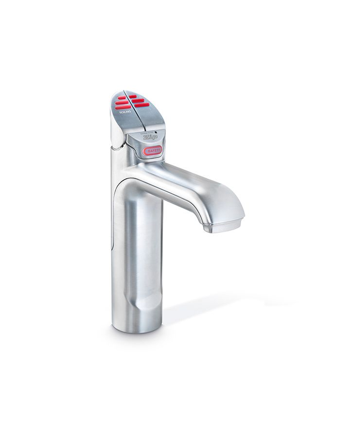 HydroTap G5 B60 Classic Chrome kitchen faucet with red handle on a white background
