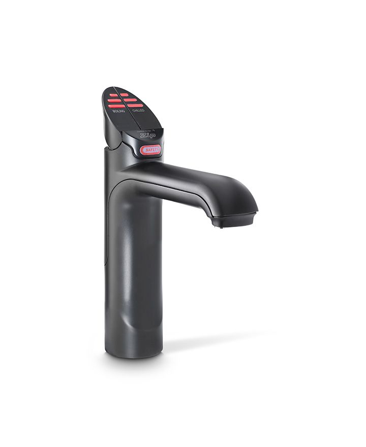 Black kitchen faucet with digital display on a white background