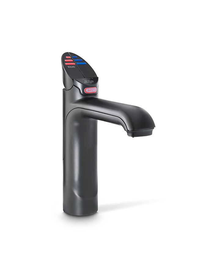Black faucet with digital display on a white background