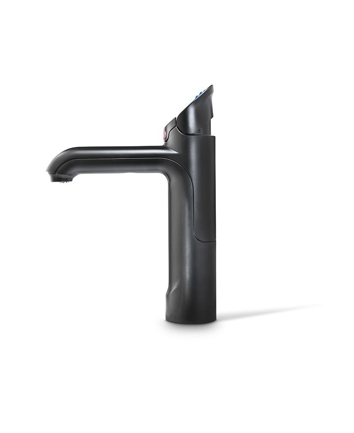 Black kitchen faucet on a white background