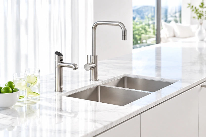 A modern kitchen scene featuring a polished chrome double-bowl sink with a matching high-arc gooseneck faucet and a separate smaller side faucet, set into a white marble countertop.
