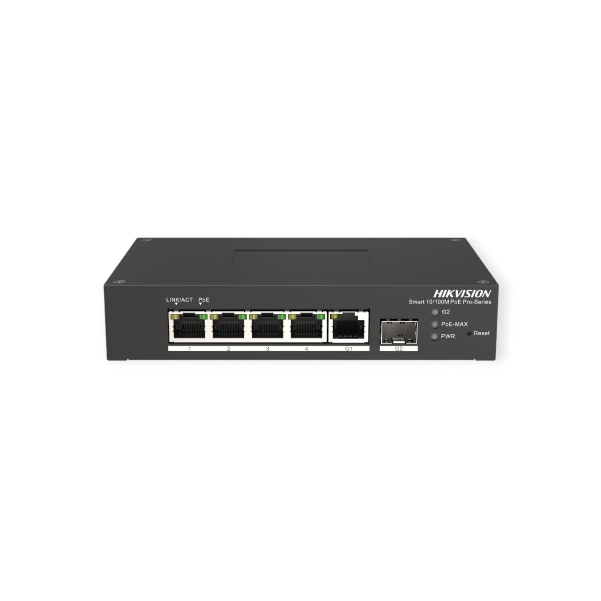 A black 4 port fast Ethernet smart harsh POE switch with ports labeled 1 to 4 and an power indicator