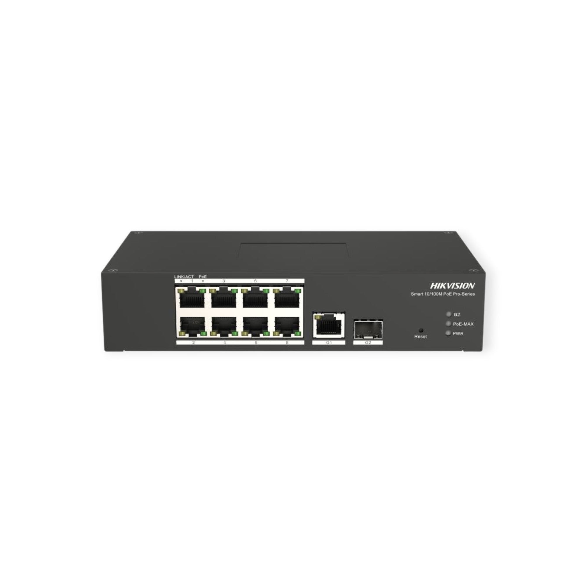A black 8-port fast Ethernet smart switch with power over Ethernet (PoE) capability.