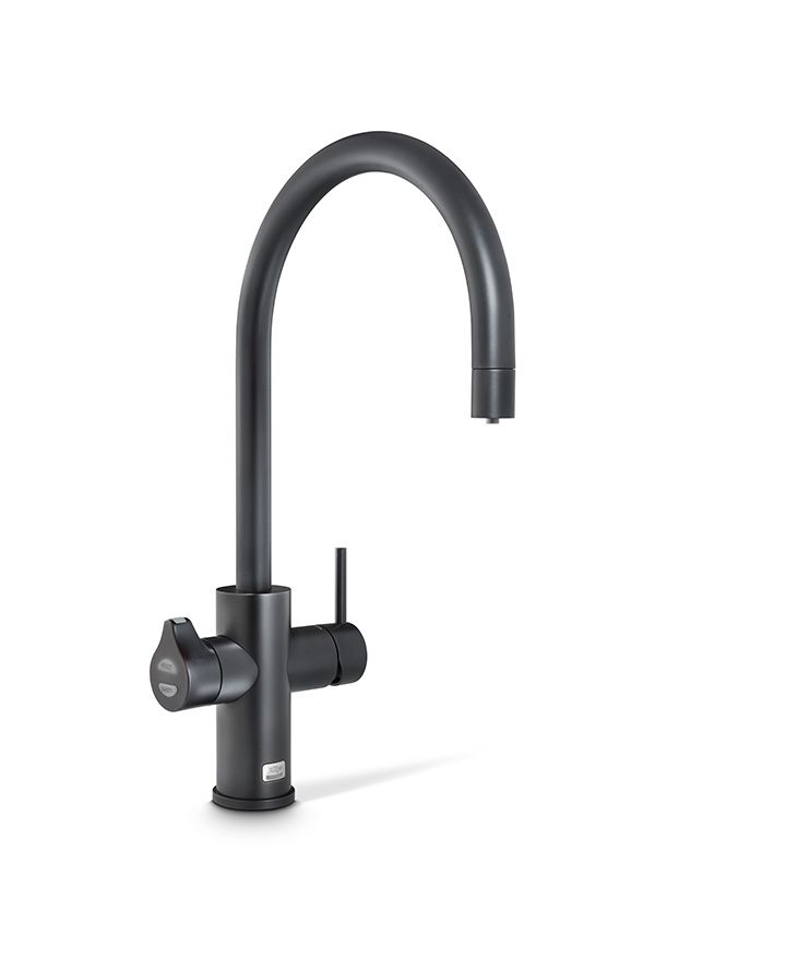 Black kitchen faucet on a white background