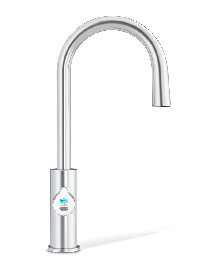 Modern kitchen faucet with digital display on a white background