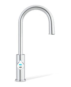 Modern kitchen faucet with digital display on a white background