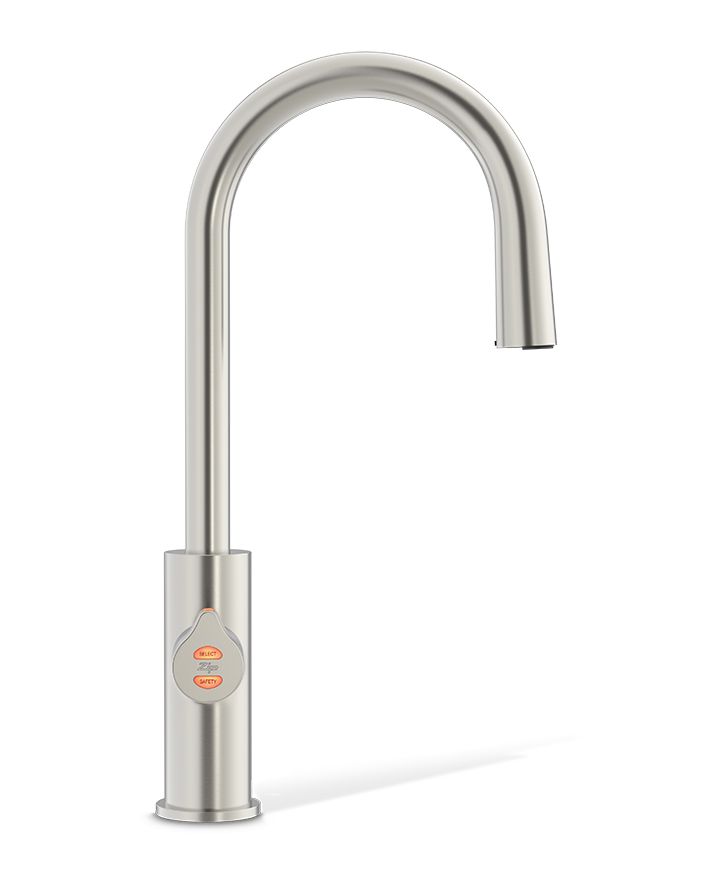Stainless steel kitchen faucet on a white background