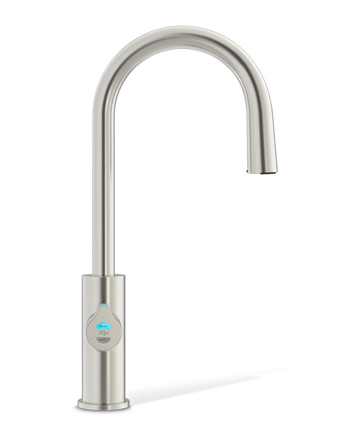 Stainless steel kitchen faucet on a white background