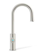 Stainless steel kitchen faucet with digital display on a white background