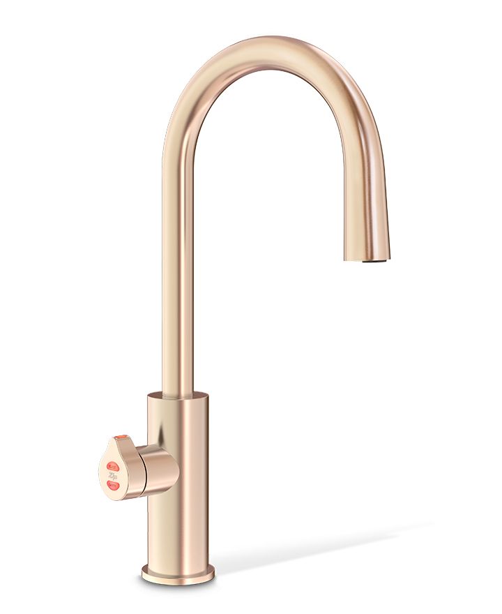 Rose gold kitchen faucet on a white background