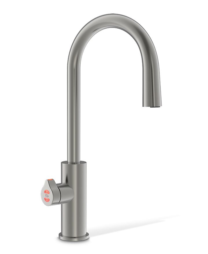 Stainless steel kitchen faucet on a white background