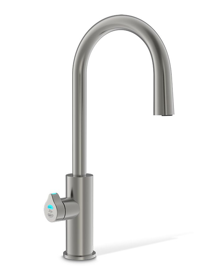 Stainless steel kitchen faucet on a white background